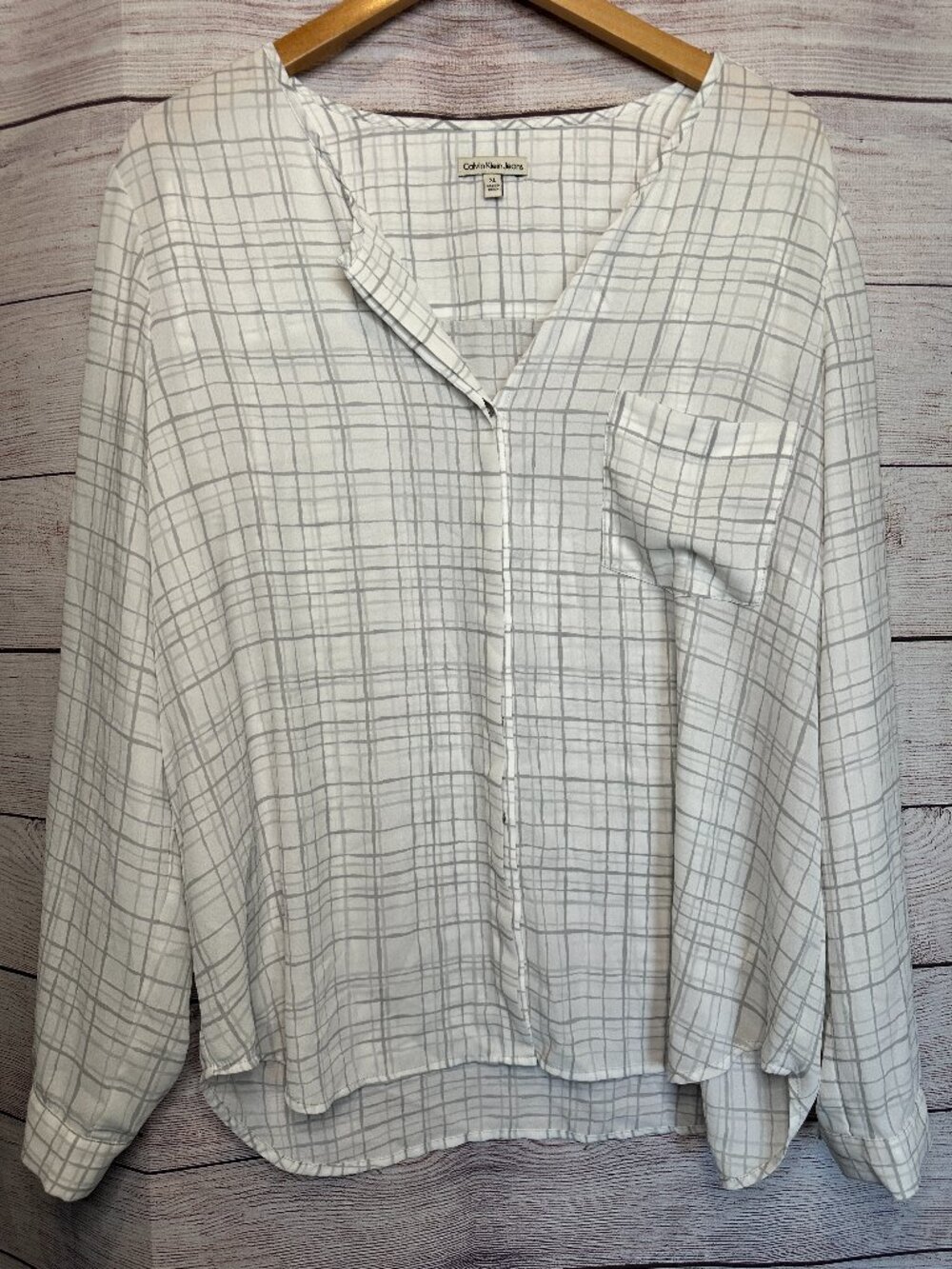 Calvin Klein XL White Gray Windowpane Plaid Blouse Oversized Popover Minimalist